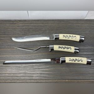 Vtg Arnart Stainless Steel Japanese Caving 3 Piece Set  STERLING INLAY SET EUC